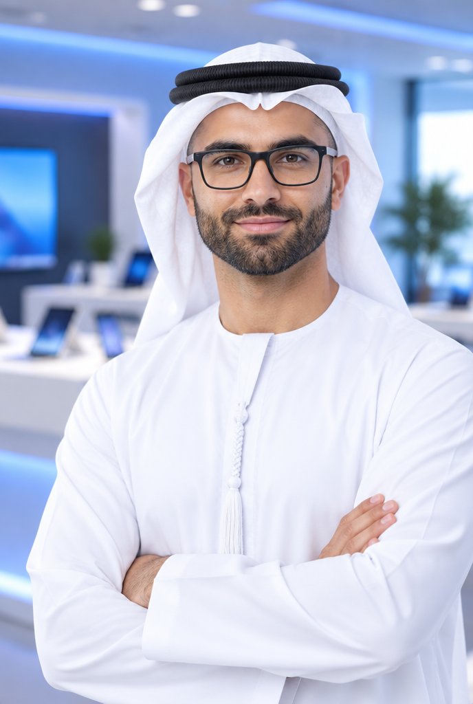 Rashid, SpiderNet's tech advisor, in a laptop showroom in Dubai