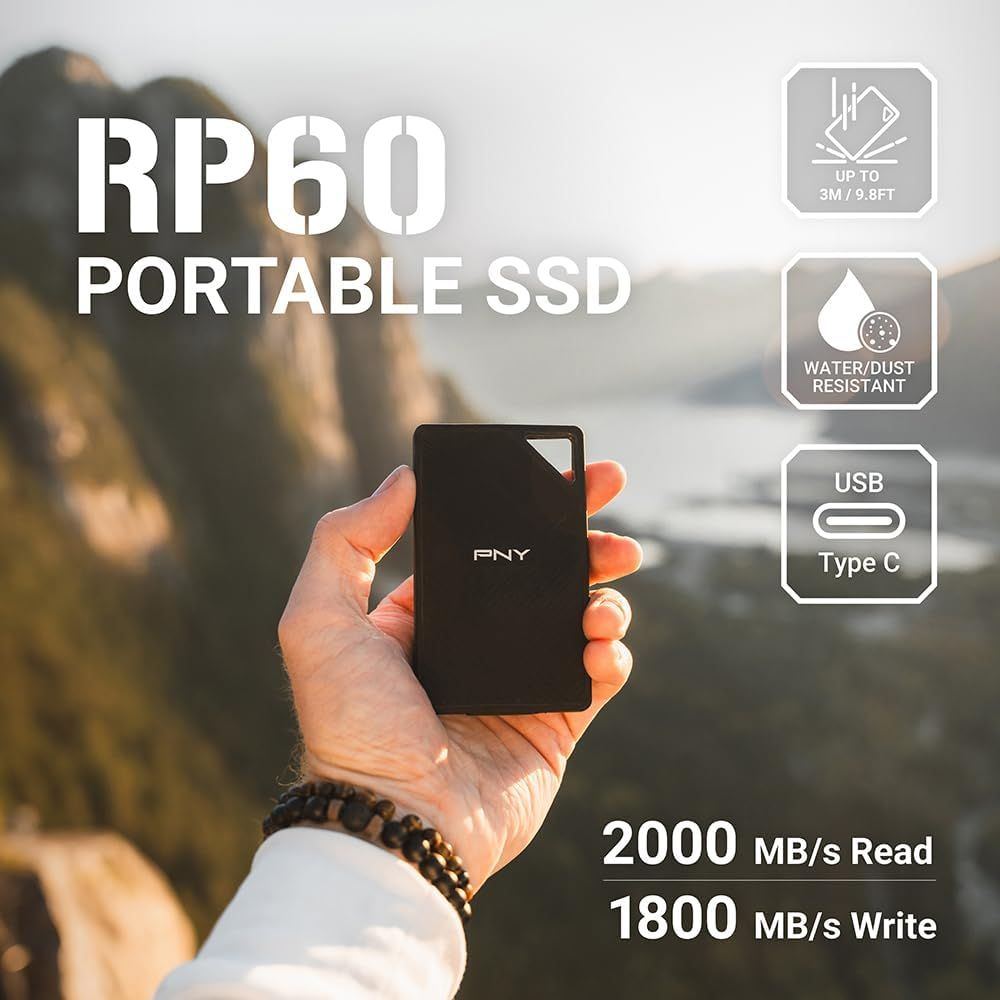 PNY 1TB RP60 Rugged USB3.2 Gen 2x2 Type-C Portable SSD R:2000MB/s, W:1800MB/s