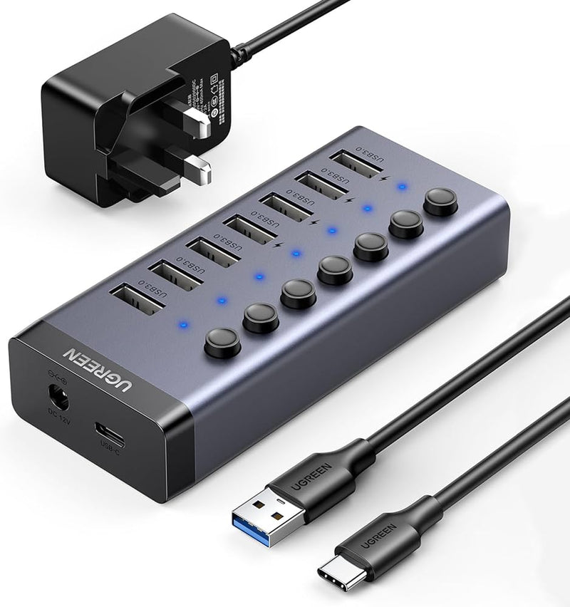 7 Port Powered USB 3.0 Hub with USB-C & USB-A Cable
